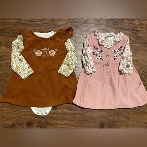 Set of 2 Baby girl corduroy dresses with long sleeves bodysuits. Pink and Brown